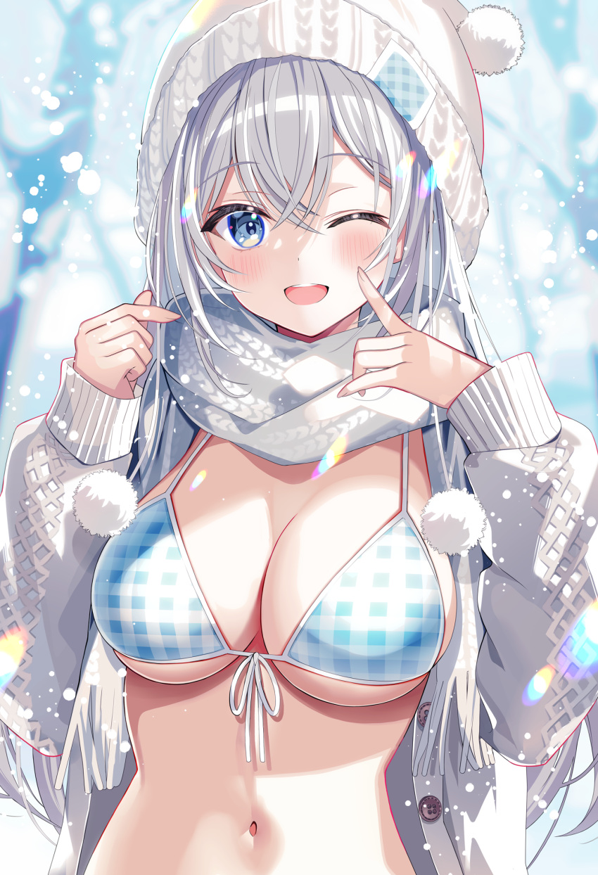 ;d beanie bikini bikini_under_clothes blue_bikini blue_eyes breasts cardigan cleavage commentary_request crossed_bangs double-parted_bangs female front-tie_bikini_top front-tie_top hair_between_eyes hands_up hat highres jacket knit_hat large_breasts long_sleeves looking_at_viewer motsunuki navel one_eye_closed open_cardigan open_clothes open_jacket original outdoors pointing pointing_at_self pom_pom_(clothes) scarf smile snowing solo stomach straight-on swimsuit unbuttoned white_cardigan white_hair white_hat white_scarf winter