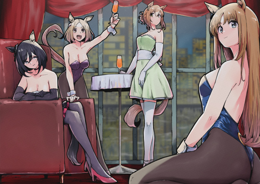 4girls absurdres animal_ears black_gloves black_hair black_leotard black_pantyhose blonde_hair breasts brown_hair champagne_flute cityscape cleavage commentary_request couch cup dress drinking_glass eishin_flash_(umamusume) elbow_gloves fine_motion_(umamusume) gloves grass_wonder_(umamusume) green_dress highres horse_ears horse_tail juice leotard long_hair maharu66 medium_breasts multiple_girls narita_top_road_(umamusume) nontraditional_playboy_bunny orange_juice pantyhose seiza short_hair sitting standing strapless strapless_dress strapless_leotard tail thighhighs umamusume white_gloves white_thighhighs window wrist_cuffs