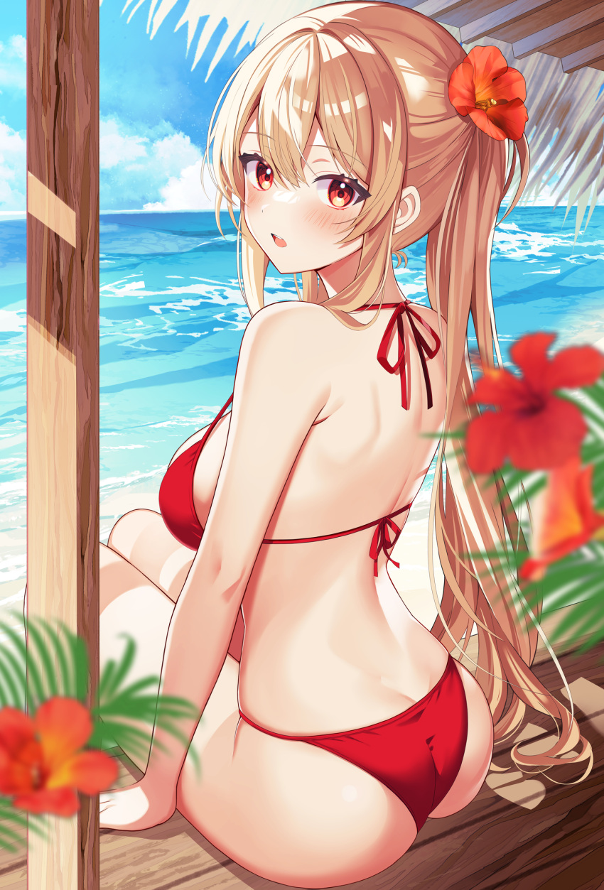 :o arm_support ass back bare_arms bare_shoulders bikini blonde_hair blurry blurry_foreground breasts commentary_request day double-parted_bangs female flower hair_between_eyes hair_flower hair_ornament halterneck highres large_breasts legs_together long_hair looking_at_viewer looking_back median_furrow motsunuki ocean open_mouth original outdoors ponytail red_bikini red_eyes red_flower shoulder_blades sidelocks sitting solo string_bikini swimsuit teeth upper_teeth_only very_long_hair water