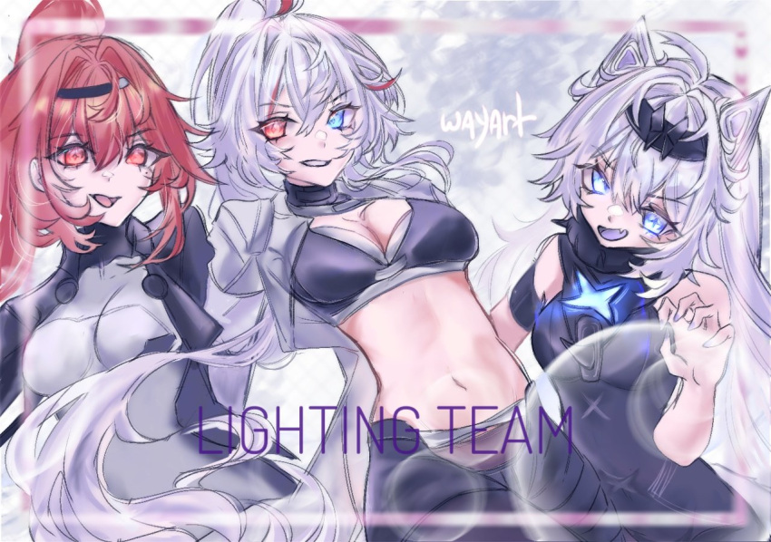 3girls ahoge alpha_(pgr) animal_ears artist_name black_bodysuit black_bra black_hairband blue_eyes bodysuit bra cross-shaped_pupils english_text fangs grey_hair grey_jacket grin hairband heterochromia jacket long_hair lucia:_crimson_weave_(pgr) mechabare mechanical_ears multiple_girls navel no._21:_feral_scent_(pgr) no._21_(pgr) open_clothes open_jacket open_mouth ponytail punishing:_gray_raven red_eyes red_hair red_streaks skin_fangs sleeveless sleeveless_bodysuit smile sports_bra symbol-shaped_pupils underwear vera:_garnet_(pgr) vera_(pgr) wayart_akk white_bodysuit wolf_ears