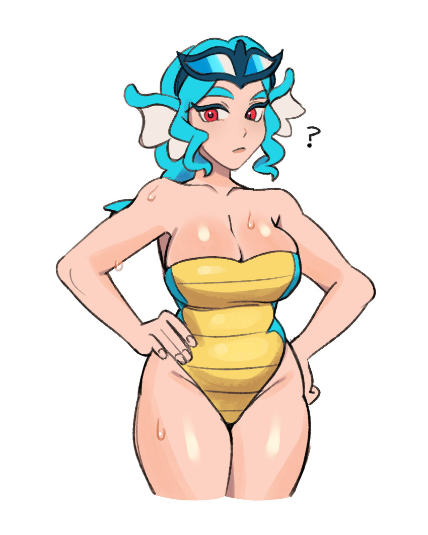 ? absurdres bare_shoulders blue_hair blue_one-piece_swimsuit borrowed_character breasts cleavage cowboy_shot cropped_legs curvy expressionless female fins goggles goggles_on_head gyarados hands_on_own_hips head_fins highres itslyssalala large_breasts looking_at_viewer multicolored_clothes multicolored_swimsuit one-piece_swimsuit personification pokemon ponytail red_eyes ribbed_swimsuit simple_background solo strapless strapless_one-piece_swimsuit swimsuit wet white_background yellow_one-piece_swimsuit