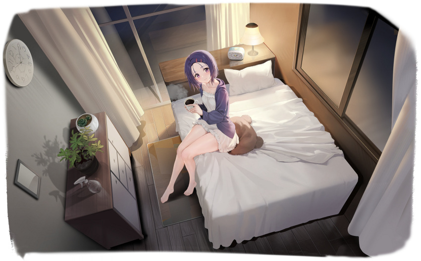 absurdres alarm_clock azur_lane babydoll bed breasts clock coffee coffee_mug cup curtains female hair_ornament hairclip highres holding holding_cup hood hood_down hooded_jacket jacket lamp looking_at_viewer medium_hair mug non-web_source off_shoulder official_alternate_costume official_art on_bed pillow purple_eyes purple_hair purple_jacket sairenji_haruna sairenji_haruna_(on_one_serene_night) sitting small_breasts smile solo to_love-ru to_love-ru_darkness white_babydoll