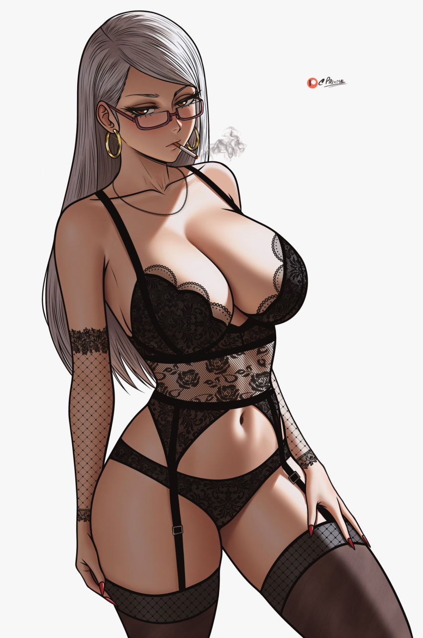 ayase_seiko black_bra black_panties bra breasts brown_eyes cigarette cleavage collarbone dandadan earrings female garter_belt glasses hand_on_own_thigh highres hoop_earrings jewelry lace-trimmed_bra lace-trimmed_panties lace-trimmed_sleeves lace_trim large_breasts lingerie long_hair looking_at_viewer mature_female navel necklace panties patreon_logo prixmal red-framed_eyewear red_nails semi-rimless_eyewear signature simple_background smoke smoke_trail smoking solo standing thighhighs underwear underwear_only white_background white_hair