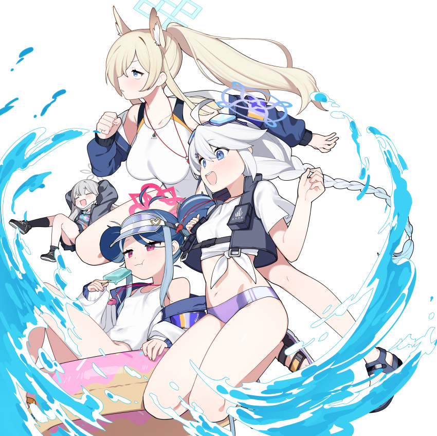 4girls :d absurdres animal_ears antenna_hair bare_shoulders bikini blonde_hair blue_archive blue_eyes blue_hair blush braid breasts double_bun doughnut_innertube eating eyewear_on_head food fubuki_(blue_archive) fubuki_(swimsuit)_(blue_archive) futapi goggles grey_hair hair_bun hair_ornament halo highres holding jacket kanna_(blue_archive) kanna_(swimsuit)_(blue_archive) kirino_(blue_archive) kirino_(swimsuit)_(blue_archive) konoka_(blue_archive) large_breasts long_hair multicolored_hair multiple_girls navel official_alternate_costume one-piece_swimsuit open_clothes open_jacket open_mouth open_vest pink_eyes pink_halo popsicle purple_bikini school_swimsuit shirt short_hair simple_background small_breasts smile swim_goggles swimsuit vest water whistle whistle_around_neck white_background white_one-piece_swimsuit white_shirt