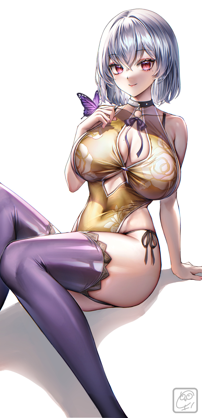 absurdres armpit_crease artier's_character bare_arms bare_shoulders bob_cut breasts bug butterfly cleavage commission covered_navel curvy dark_jewel_(gem_oblivion) highres large_breasts original pixiv_commission plump red_eyes revealing_clothes shiny_skin short_hair skindentation smile thick_thighs thighhighs thighs white_hair