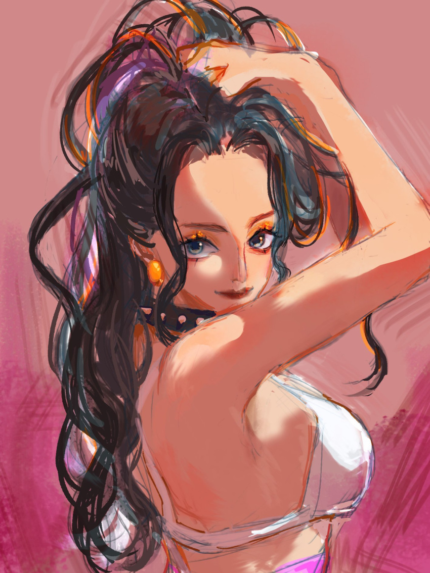 black_hair blue_eyes choker commentary earrings english_commentary eyeshadow female highres holding holding_own_hair jewelry long_hair looking_at_viewer ltangtang116772 makeup mascara nico_robin one_piece orange_eyeshadow pink_background profile sidelocks smile solo upper_body