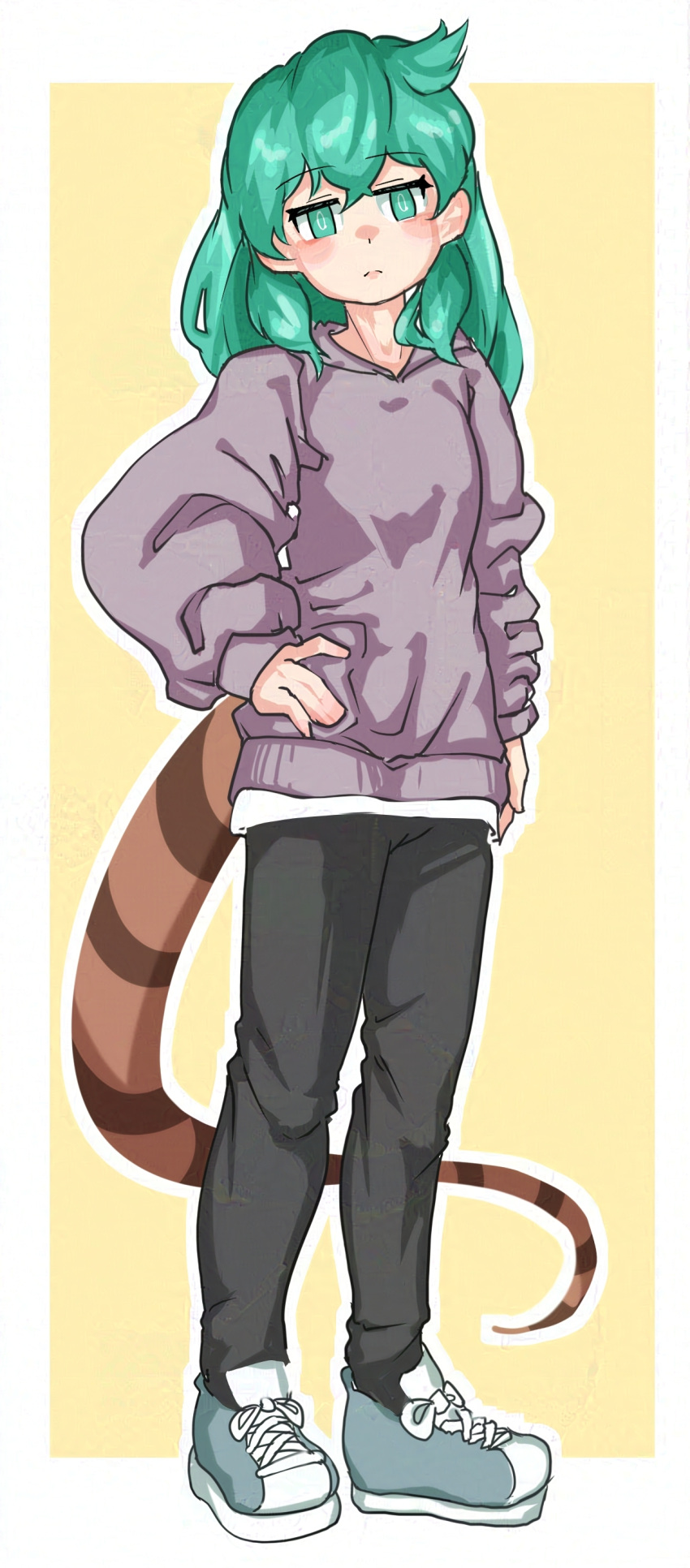 absurdres black_pants blue_footwear blush female full_body green_eyes green_hair hair_between_eyes hand_on_own_hip highres kemono_friends long_hair long_sleeves looking_at_viewer orange_ardy1203 pants purple_sweater shirt shoes sidelocks snake_girl snake_tail sneakers solo sweater tail tsuchinoko_(kemono_friends) two-tone_footwear white_footwear white_shirt yellow_background