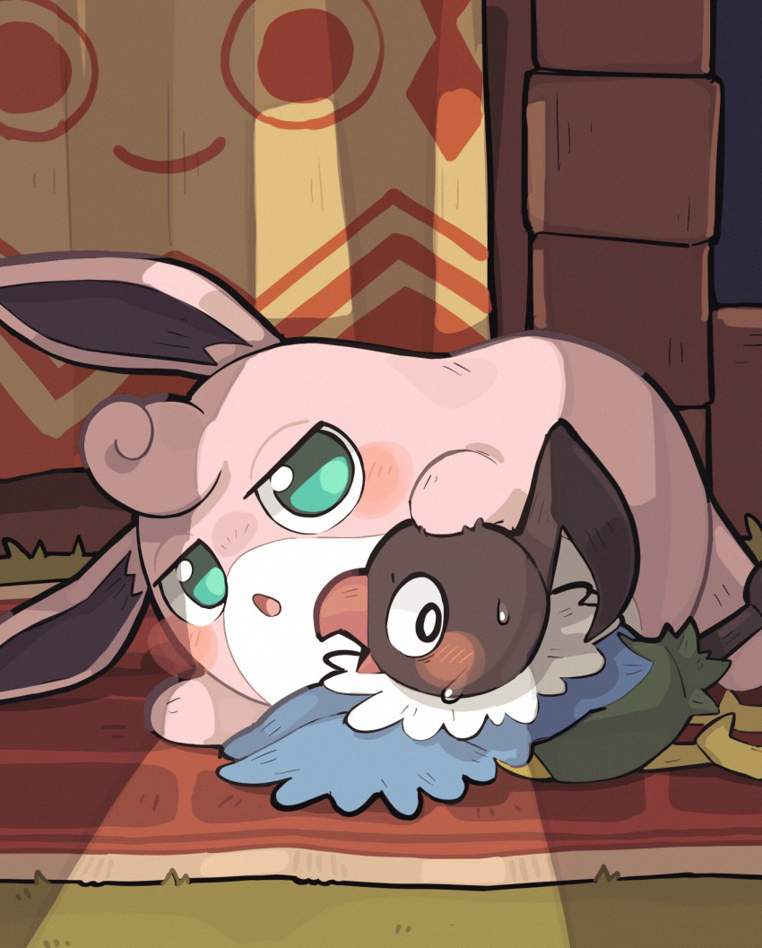 anthro bigoyasu blue_eyes blush caught chatot chatot_(eotds) cuddling duo embarrassed generation_4_pokemon guildmaster_wigglytuff hi_res male male/male nintendo pink_body pokemon pokemon_(species) pokemon_mystery_dungeon slightly_chubby spike_chunsoft