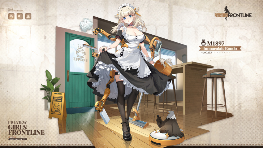 apron awning bar_stool bird black_dress black_footwear black_thighhighs blonde_hair blue_eyes bottle breasts bucket cafe cellphone character_name chilunchilun choker cleavage commentary copyright_name detached_sleeves door dress duster eagle english_commentary extra_arms feather_duster female frilled_choker frills full_body girls'_frontline head_tilt highres holding holding_bucket holding_duster holding_mop holding_phone indoors large_breasts light_rays looking_at_viewer m1897_(girls'_frontline) m1897_(immaculate_rondo)_(girls'_frontline) maid maid_apron maid_headdress mary_janes mechanical_arms medium_hair mop mop_bucket official_alternate_costume official_art open_mouth phone plant potted_plant promotional_art reflective_floor robotic_vacuum_cleaner second-party_source shoes short_hair sitting skirt_hold smartphone solo spray_bottle spraying stool table thigh_strap thighhighs two_side_up wet_floor_sign white_apron white_wrist_cuffs window wooden_floor wrist_cuffs