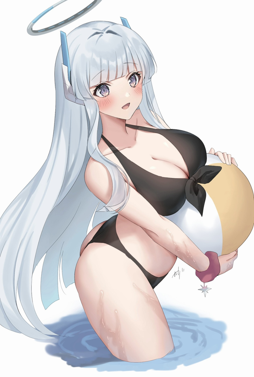 :d alternate_costume ass ball bare_shoulders beachball bikini black_bikini blue_archive blunt_bangs blunt_ends blush breasts cleavage collarbone commentary cowboy_shot curvy eyelashes female grey_hair halo halterneck happy headgear highres hime_cut holding holding_ball holding_beachball large_breasts long_hair looking_at_viewer mechanical_halo noa_(blue_archive) open_mouth oshage_(osyage921) purple_eyes scrunchie sidelocks signature simple_background smile solo straight_hair swimsuit thighs tsurime very_long_hair wading wet white_background wrist_scrunchie