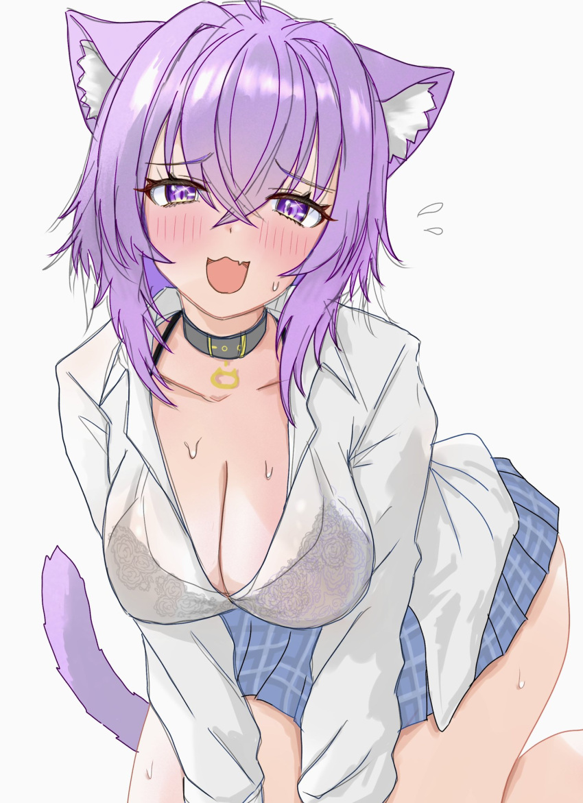 animal_ear_fluff animal_ears black_bra blue_sky blush bra bra_visible_through_clothes breasts cat_ears cat_girl cat_tail cleavage cowboy_shot female highres hololive large_breasts medium_hair miniskirt nekomata_okayu open_mouth pleated_skirt purple_eyes purple_hair see-through_clothes see-through_shirt shirt simple_background skirt sky solo tail underwear virtual_youtuber warg_game white_background white_shirt