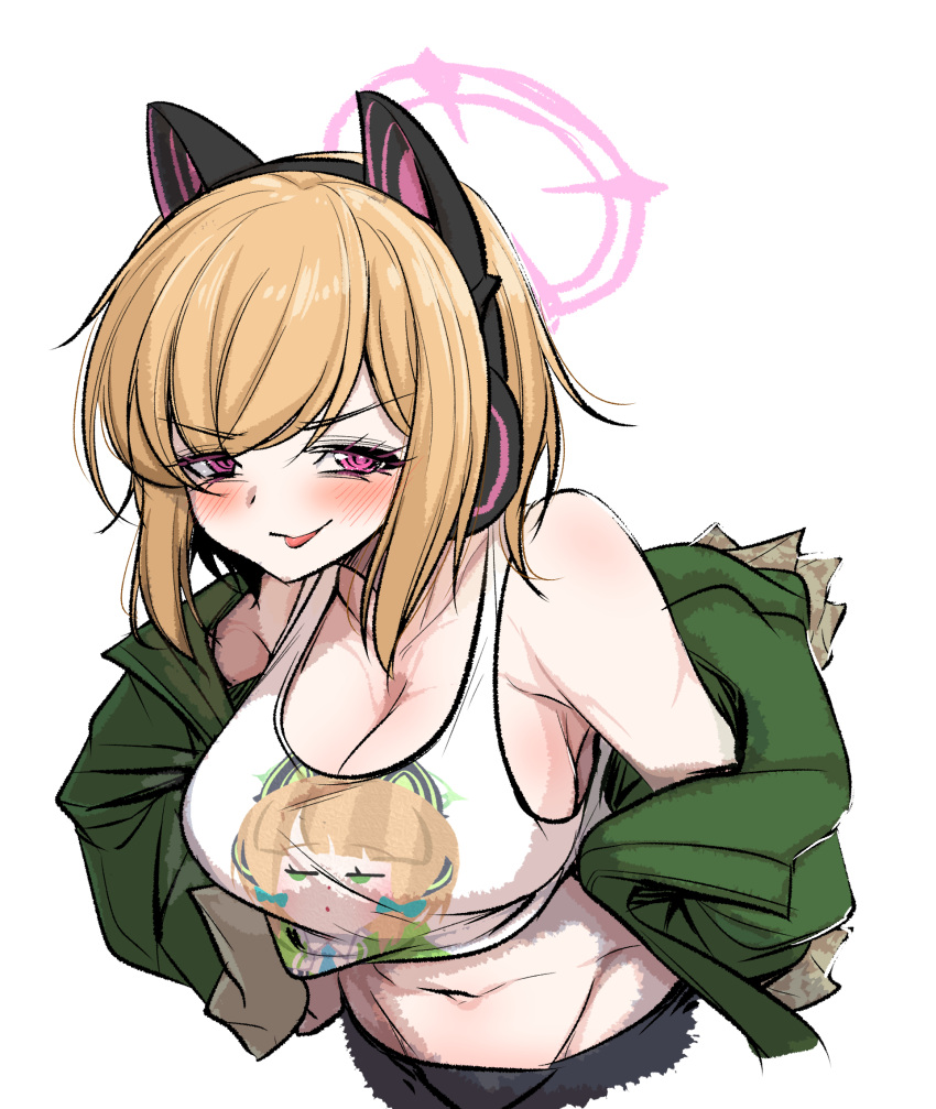 alternate_breast_size animal_ear_headphones animal_ears blonde_hair blue_archive blush breasts cat_ear_headphones cleavage closed_mouth fake_animal_ears female green_jacket halo hand_on_own_hip headphones highres jacket large_breasts looking_at_viewer midori_(blue_archive) mine_thrower_(ore_no_bakudan) momoi_(blue_archive) navel off_shoulder open_clothes open_jacket pink_eyes pink_halo simple_background smile solo tank_top tongue tongue_out white_background white_tank_top