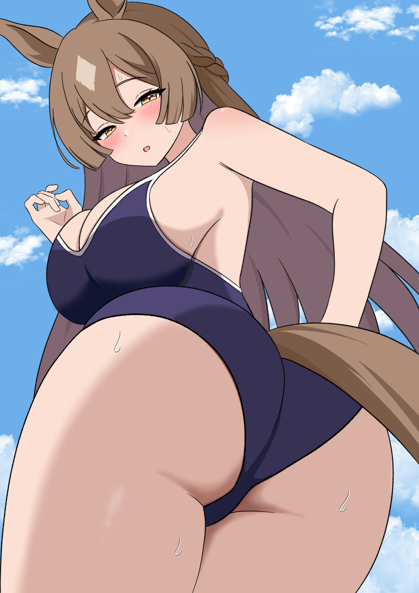 absurdres animal_ears ass blue_one-piece_swimsuit blue_sky blush breasts brown_hair cleavage commentary_request competition_school_swimsuit competition_swimsuit cowboy_shot day female from_behind hair_between_eyes half_up_braid highres horse_ears horse_girl horse_tail kuronekozaka large_breasts long_hair looking_at_viewer looking_back multicolored_hair one-piece_swimsuit open_mouth outdoors satono_diamond_(umamusume) school_swimsuit sky solo streaked_hair sweat swimsuit tail tail_through_clothes umamusume white_hair yellow_eyes