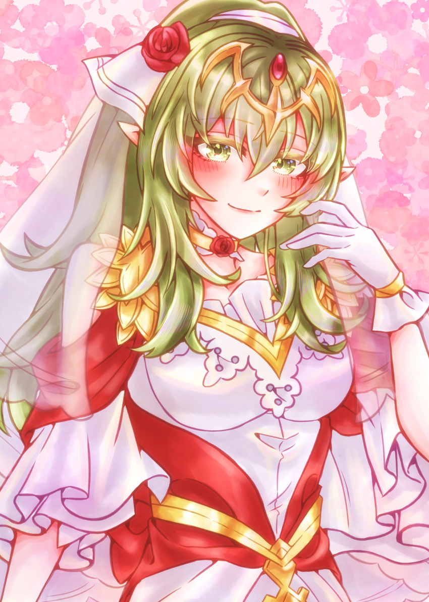 absurdres blush breasts bridal_veil dress female fire_emblem fire_emblem_awakening fire_emblem_heroes floral_background flower gloves gold_choker green_eyes green_hair hair_flower hair_ornament highres large_breasts looking_at_viewer pink_flower pointy_ears red_flower red_rose rose smile solo tiki_(fire_emblem) upper_body veil wedding_dress white_dress white_gloves white_veil yuria0322