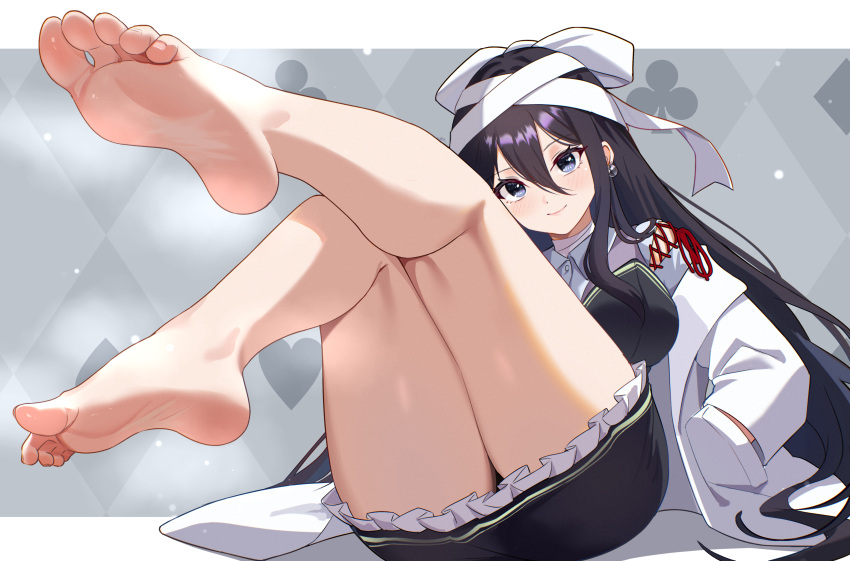 absurdres bandaged_head bandages bare_legs barefoot black_hair black_skirt blue_eyes blush breasts closed_mouth club_(shape) coat commentary_request commission feet female foot_focus foreshortening frilled_skirt frills gher5555 hair_between_eyes hand_in_pocket highres ice_cream_mad_lab lab_coat large_breasts legs letterboxed long_hair long_sleeves looking_at_viewer open_clothes open_coat outside_border pixiv_commission reclining seika_michi skirt smile soles solo spade_(shape) thighs toes very_long_hair virtual_youtuber white_coat