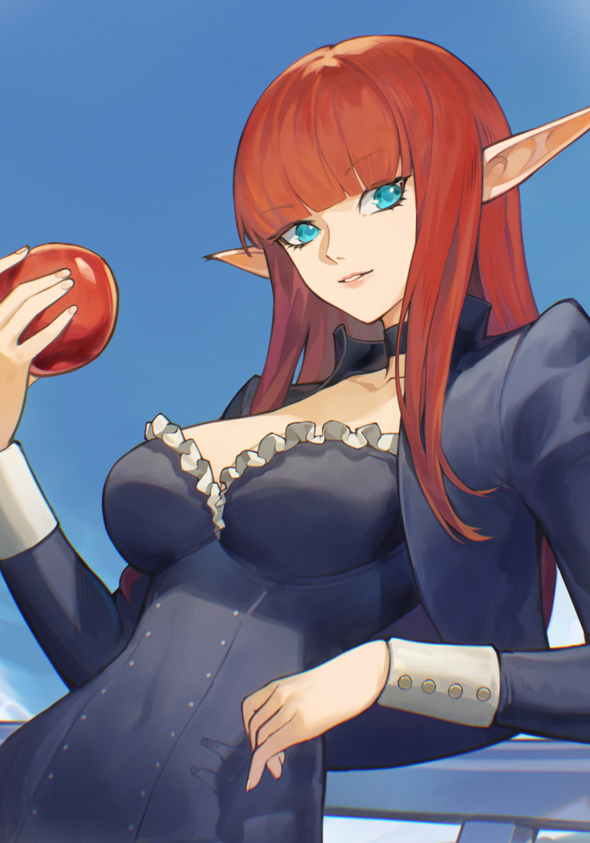 apple black_choker black_jacket blue_background blue_eyes blunt_bangs breasts choker cleavage commentary cropped_jacket female food fruit grin highres hime_cut holding holding_food holding_fruit hulkenberg_(metaphor:_refantazio) jacket koharu1807 lips long_hair long_sleeves looking_at_viewer medium_breasts metaphor:_refantazio parted_lips pink_lips pointy_ears red_hair smile solo very_long_hair