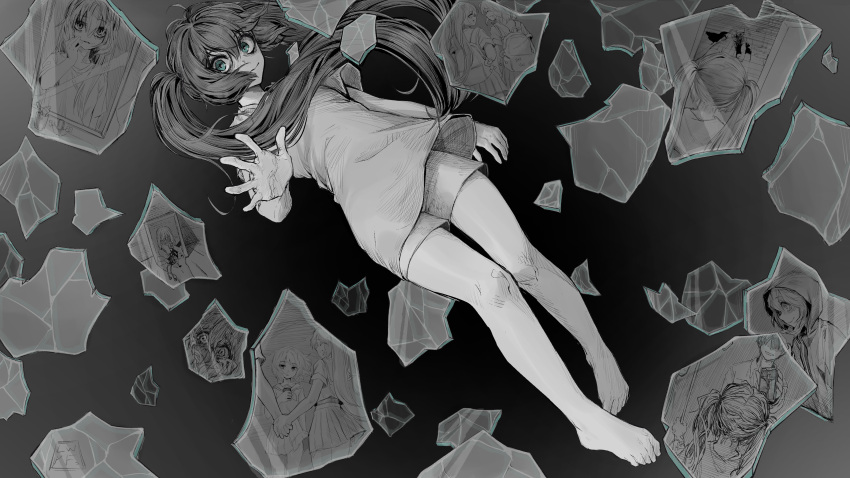 absurdres aqua_eyes bandaid barefoot broken_glass corpse crazy crazy_eyes crazy_smile cube dress female floating full_body glass greyscale gumi hatsune_miku highres hood long_hair looking_at_viewer luuwruf megurine_luka mirror monochrome multiple_girls open_mouth short_sleeves shorts smile solo solo_focus spot_color twintails very_long_hair vocaloid