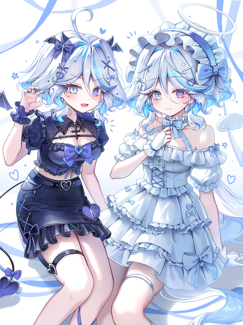 2girls alternate_costume bare_shoulders blue_eyes blue_hair bow breasts bridal_gauntlets cleavage closed_mouth commentary cross_hair_ornament demon_horns demon_tail dress dress_bow drop-shaped_pupils dual_persona furina_(genshin_impact) genshin_impact grey_hair hair_between_eyes hair_ornament halo hayun heterochromia highres horns looking_at_viewer midriff multiple_girls oerba_yun_fang off-shoulder_dress off_shoulder open_mouth scrunchie shirt short_hair short_sleeves sitting skirt smile symbol-shaped_pupils tail thigh_strap white_bridal_gauntlets white_dress wrist_scrunchie