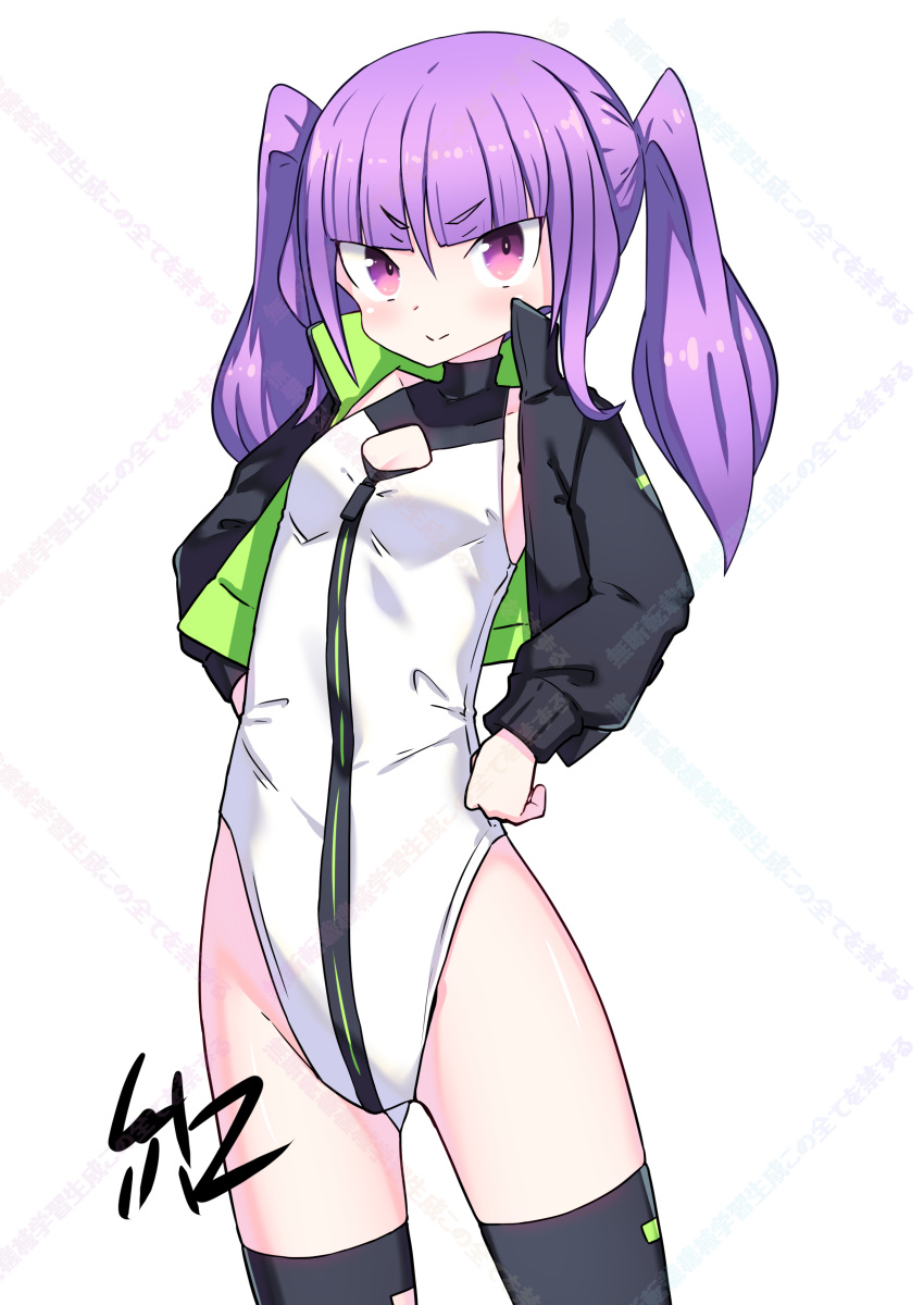 absurdres alice_gear_aegis artist_name ben1shoga black_jacket black_thighhighs blunt_bangs breasts circle_cutout cleavage_cutout clothing_cutout companion/af covered_collarbone female front_zipper full-length_zipper hands_on_own_hips highleg highleg_leotard highres ichijou_ayaka jacket leotard long_hair looking_at_viewer multicolored_leotard purple_eyes purple_hair race_queen simple_background sleeveless_turtleneck_leotard small_breasts solo thighhighs turtleneck turtleneck_leotard twintails two-tone_leotard white_background white_leotard zipper zipper_leotard zipper_pull_tab