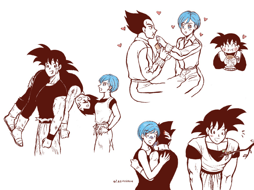 1boy 2boys artist_name black_eyes black_hair blue_eyes blue_hair boots breasts bulma_briefs carrying caterpillar collage couple dirty dirty_clothes dirty_face dougi dragon_ball eating female food food_on_face hands_on_own_hips heart highres holding holding_food hug husband_and_wife injury jewelry looking_at_another multiple_boys multiple_views muscular muscular_male open_mouth pants shirt short_hair simple_background smile son_goku spiked_hair spot_color torn_clothes user_jkuy7848 vegeta white_background wristband