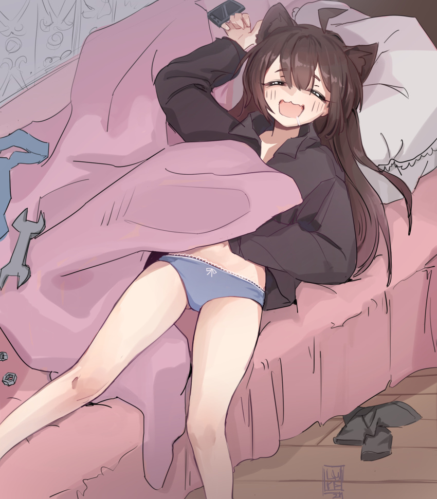 :3 absurdres ahoge animal_ears arm_up bare_legs bed black_shirt blanket blue_panties bow bow_panties brown_hair cat_ears cellphone closed_eyes collared_shirt drooling female hair_between_eyes highres indoors long_hair long_sleeves luuwruf lying mouth_drool navel no_pants nut_(hardware) on_back on_bed open_mouth original panties phone pillow shirt sleeping smartphone smile solo under_covers underwear wrench