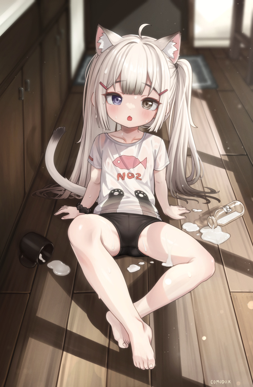 ahoge animal_ear_fluff animal_ears arm_support barefoot black_shorts blush bottle cat_ears cat_girl cat_tail comodomodo cup fallen_down feet female hair_ornament hairclip heterochromia highres indoors kitchen leaning_back legs legs_apart long_hair milk milk_bottle mug on_floor open_mouth original shirt short_shorts short_sleeves shorts sitting solo spilled_milk tail thighs toes two_side_up white_hair white_shirt wooden_floor