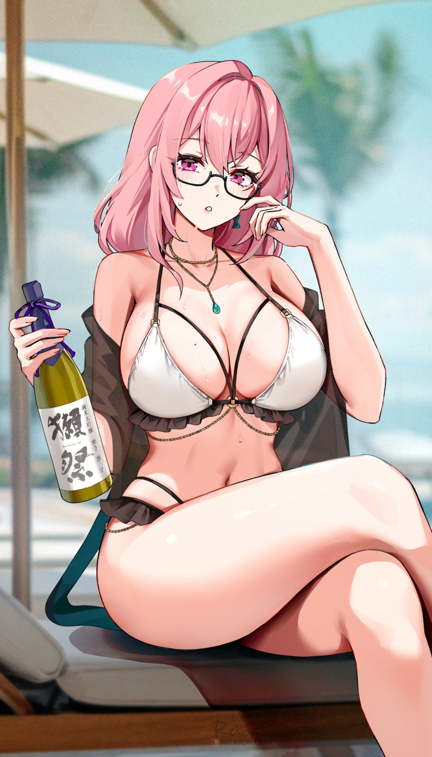 absurdres alcohol bikini bottle breasts crossed_legs female foxyreine glasses hair_between_eyes highres large_breasts long_hair looking_at_viewer navel open_mouth pink_hair solo swimsuit tsukishiro_yanagi wine wine_bottle zenless_zone_zero