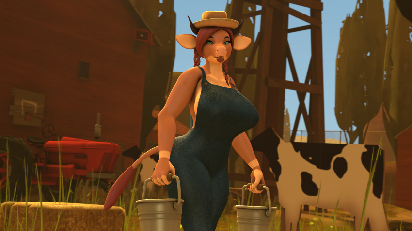 16:9 3d_(artwork) anthro barn basketball_hoop big_breasts bovid bovine breasts brown_body brown_hair bucket cattle clothing container day digital_media_(artwork) farm female gloria_abuton grass green_eyes hair hat hay hay_bale headgear headwear hi_res horn looking_at_viewer mammal overalls plant solo source_filmmaker_(artwork) thevestige tractor tree twintails vehicle widescreen