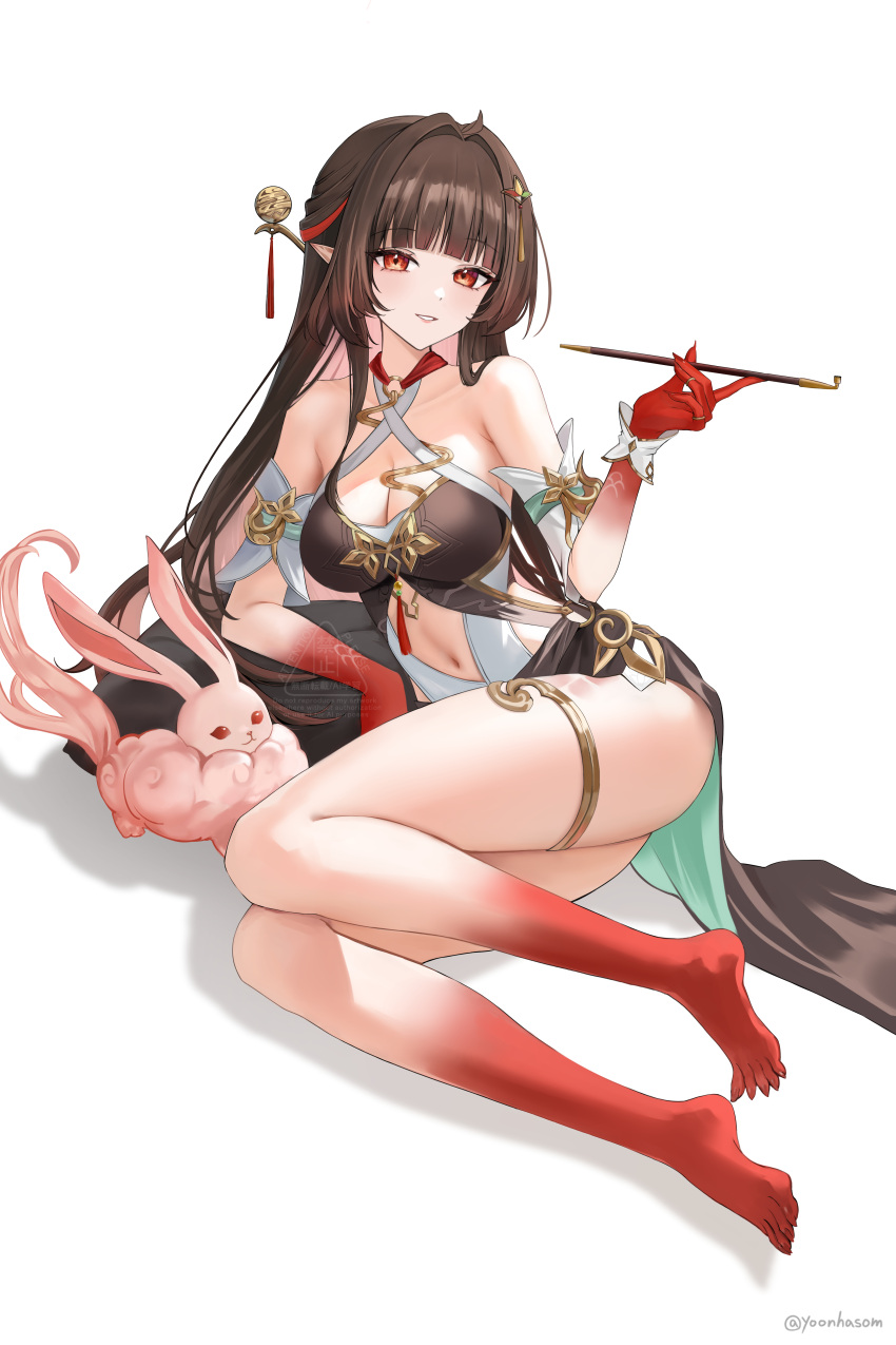 absurdres animal arm_support artist_name bare_legs bare_shoulders barefoot breasts brown_dress brown_hair cleavage clothing_cutout colored_extremities commentary criss-cross_straps detached_sleeves dress feet female full_body fuyuan_(honkai:_star_rail) hair_intakes hair_ornament hasom highres holding_pipette honkai:_star_rail honkai_(series) large_breasts legs lingsha_(honkai:_star_rail) long_hair looking_at_viewer lying navel on_side orange_eyes parted_lips pipette pointy_ears red_hands short_sleeves sidelocks simple_background smile solo stomach_cutout toes very_long_hair white_background white_sleeves