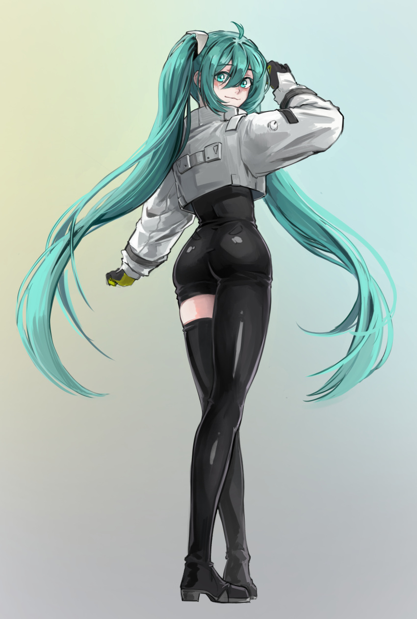 absurdres aqua_eyes aqua_hair ass black_gloves closed_mouth commentary english_commentary female from_behind full_body gloves goodsmile_racing gradient_background green_gloves hand_up hatsune_miku highres jacket long_hair looking_at_viewer looking_back luuwruf racing_miku racing_miku_(2022) simple_background skindentation solo twintails two-tone_gloves vocaloid white_jacket