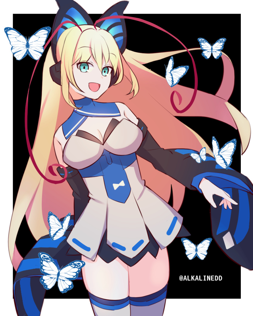 alkalinedd antenna_hair azure_striker_gunvolt black_background black_sleeves blonde_hair blue_eyes breasts bug butterfly butterfly_hair_ornament cleavage detached_collar detached_sleeves dress female hair_ornament highres large_breasts long_hair long_sleeves lumen_(gunvolt) multicolored_hair pink_hair simple_background solo thighhighs thighs twitter_username white_dress white_thighhighs