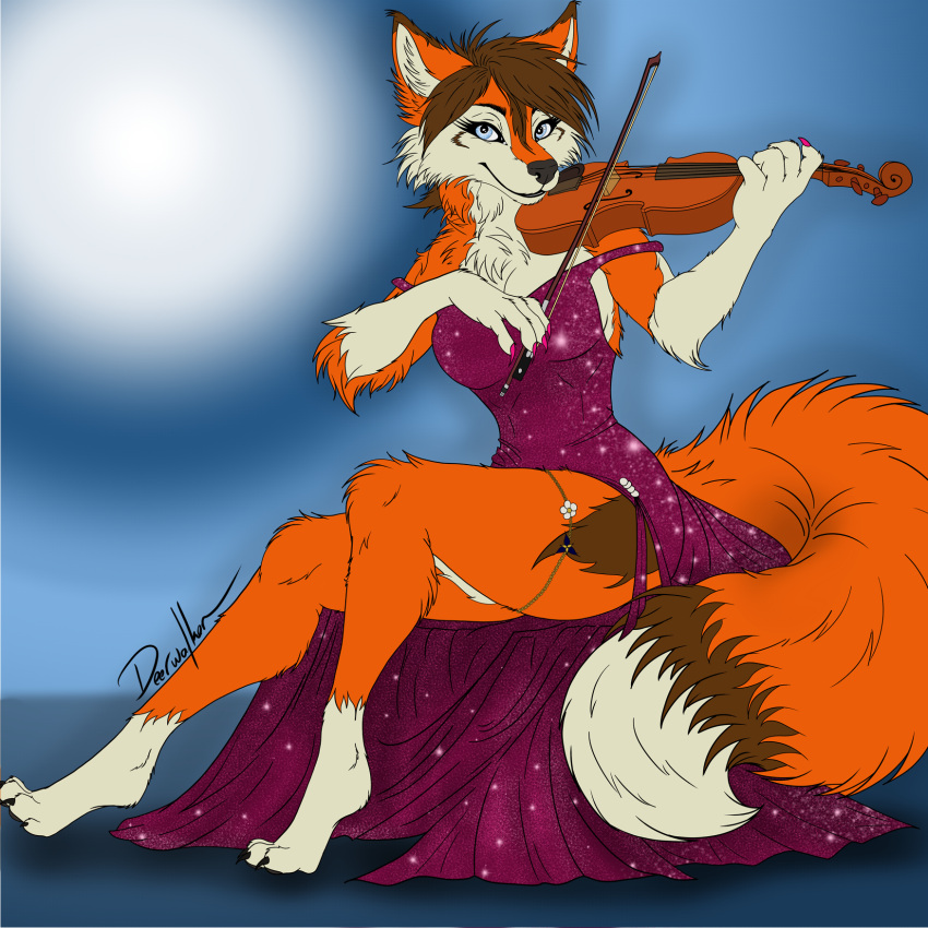 accessory anthro blue_eyes bowed_string_instrument canid canine canis chain_jewelry chest_tuft clothed clothing colored_nails deerwalker dress evening_gown female flat_colors fluffy fluffy_tail fur garter hi_res inner_ear_fluff line_art looking_at_viewer mammal musical_instrument nails pantsless red_body red_fur red_wolf simple_background sitting smile smiling_at_viewer solo solo_focus sparkles string_instrument tail tuft violin wolf