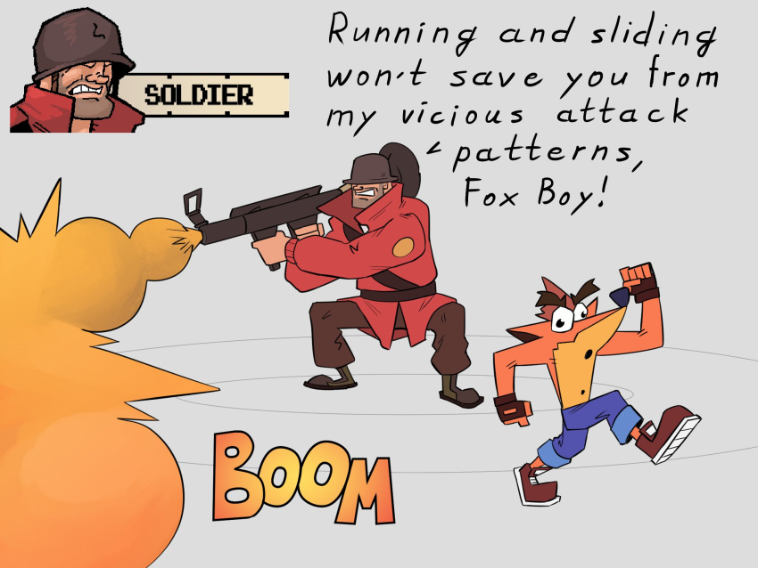 activision anthro armor bandicoot bottomwear clothing covered_eyes crash_(series) crash_bandicoot crossover derp_eyes duo explosion footwear gloves grey_background handwear headgear helmet hi_res holding_object holding_weapon human jacket male mammal marsupial orange_body pants ranged_weapon red_clothing rocket_launcher shirtless shoes simple_background soldier_(team_fortress_2) spread_legs spreading team_fortress_2 text thef1amethr0wer topwear valve vest weapon