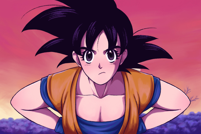 black_eyes black_hair breasts cleavage closed_mouth collarbone dougi dragon_ball dragon_ball_super female frown genderswap_(mtf) hands_on_own_hips highres leaning_forward looking_at_viewer outdoors rule_63 serious shirt sky solo son_goku spiked_hair tree upper_body user_jkuy7848