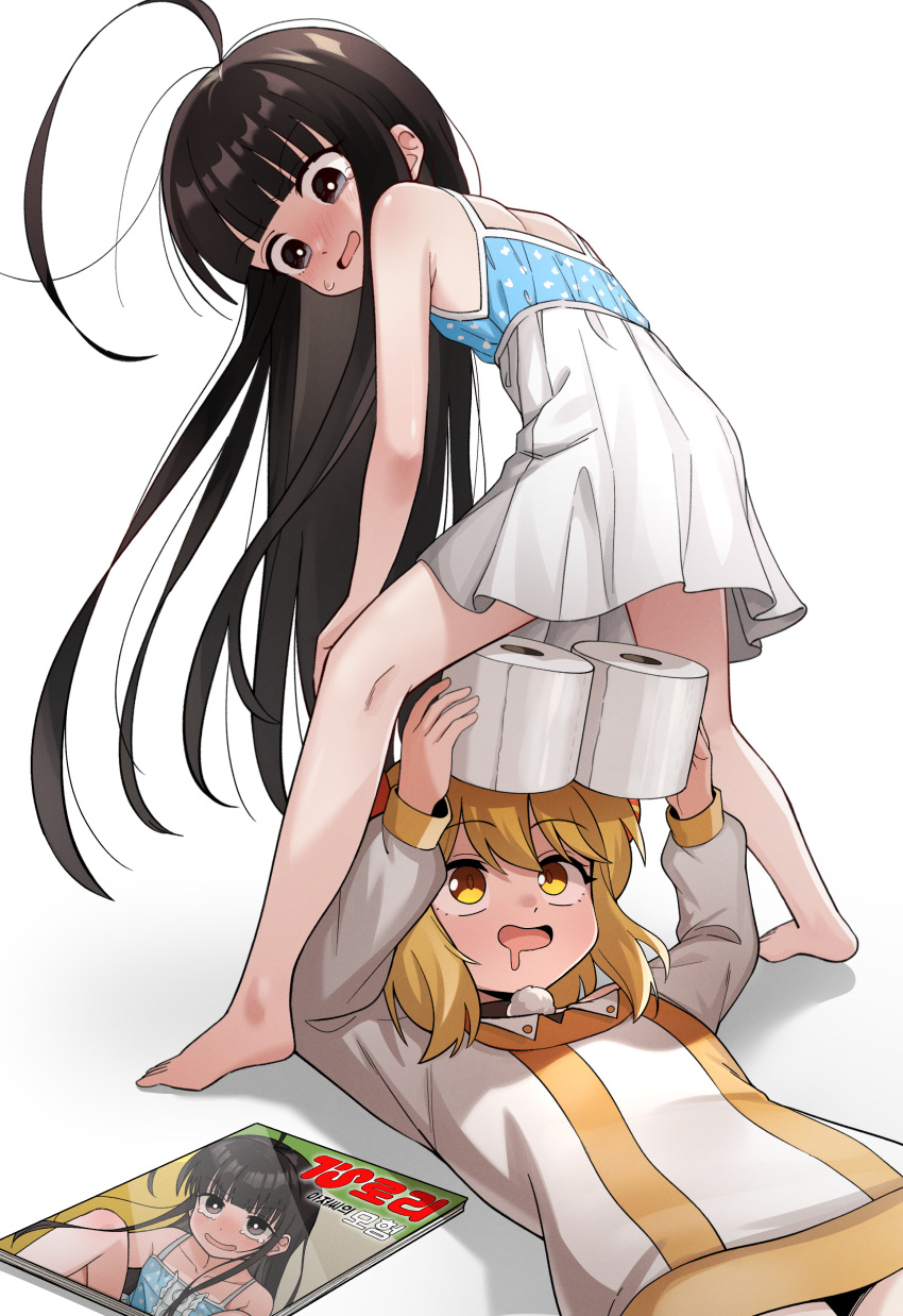 2girls absurdres ahoge armpit_crease bare_shoulders barefoot black_choker black_eyes black_hair blonde_hair blue_camisole blush borrowed_character camisole choker dress drooling female_pervert golmonggu high-waist_skirt highres holding horns huge_ahoge hwangabi long_hair looking_up lying manga_(object) medium_hair mouth_drool multicolored_clothes multicolored_dress multiple_girls nose_blush on_back original pervert pleated_skirt pom_pom_(clothes) pose_request red_horns second-party_source shadow simple_background skirt sleeveless standing sweatdrop tachikawa_nobuo toilet_paper ts_loli_oji-san_no_boukan very_long_hair white_background white_dress white_skirt yellow_dress yellow_eyes