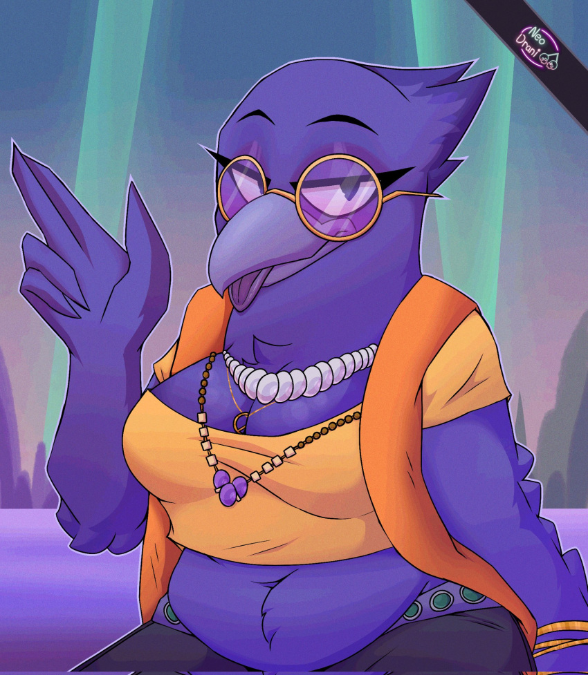 2024 anthro avian beak belly bird breasts cleavage clothed clothing corvid corvus_(genus) crop_top doom_(the_bad_guys) dreamworks eyewear feathers female front_view glasses half-length_portrait hi_res jewelry necklace neodrani non-mammal_breasts oscine passerine portrait purple_body purple_feathers raven shirt slightly_chubby solo the_bad_guys the_bad_guys_2 topwear