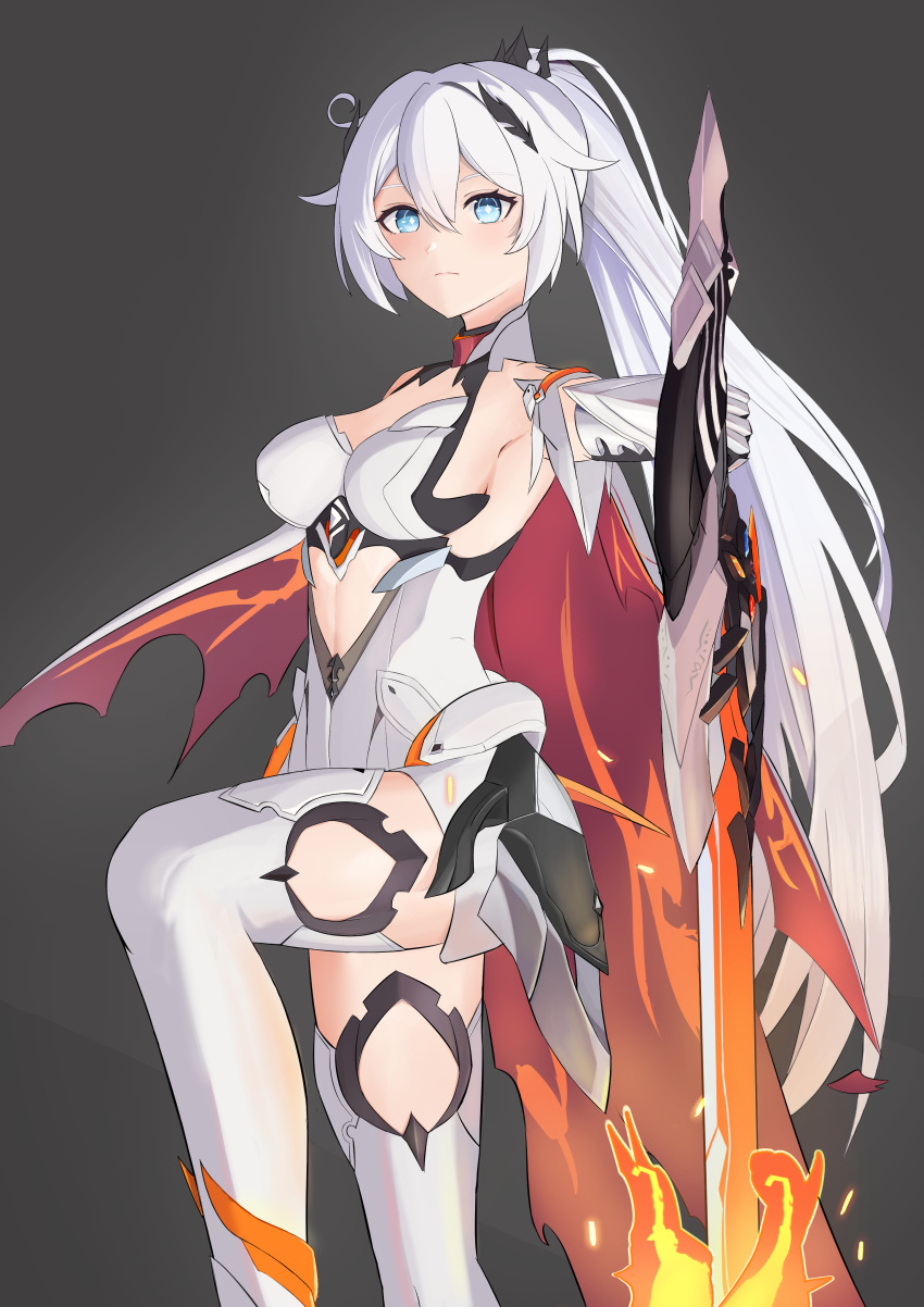 absurdres armpits blue_eyes breasts cape coffee_can_ex female hair_between_eyes hair_ornament highres holding holding_sword holding_weapon honkai_(series) honkai_impact_3rd kiana_kaslana kiana_kaslana_(herrscher_of_flamescion) long_hair looking_at_viewer ponytail simple_background sword thighhighs thighs weapon white_hair