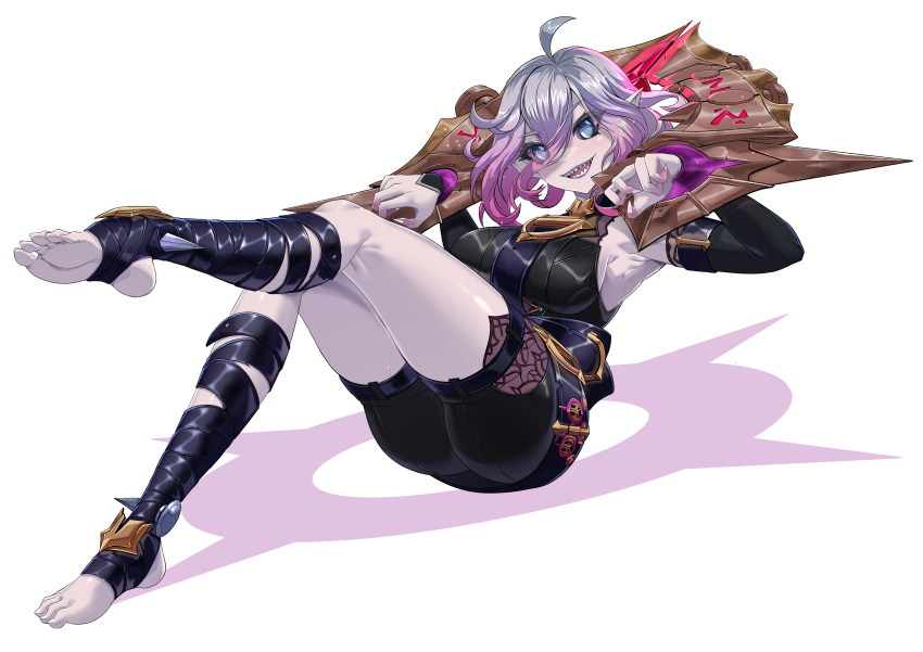 absurdres ahoge ass belt black_belt blush bound bound_wrists breasts briar_(league_of_legends) colored_sclera detached_sleeves english_commentary feet female full_body gradient_hair grey_eyes grey_hair hair_between_eyes highres knees_up large_breasts league_of_legends leg_up legs looking_at_viewer multicolored_hair no_shoes open_mouth pillory pink_hair pointy_ears red_sclera shadow sharp_teeth sidelocks simple_background sitting smile soles solo stirrup_legwear teeth thighs toeless_legwear toenails toes torahime_(roland00) two-tone_hair vampire white_background wrist_cuffs