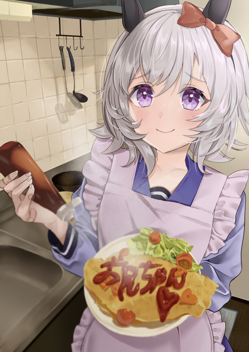 absurdres animal_ears apron bandaid blush commentary_request curren_chan_(umamusume) female food grey_hair highres horei_tsuna horse_ears horse_girl ketchup_bottle kitchen looking_at_viewer ribbon school_uniform short_hair smile tracen_school_uniform umamusume utensil_rack