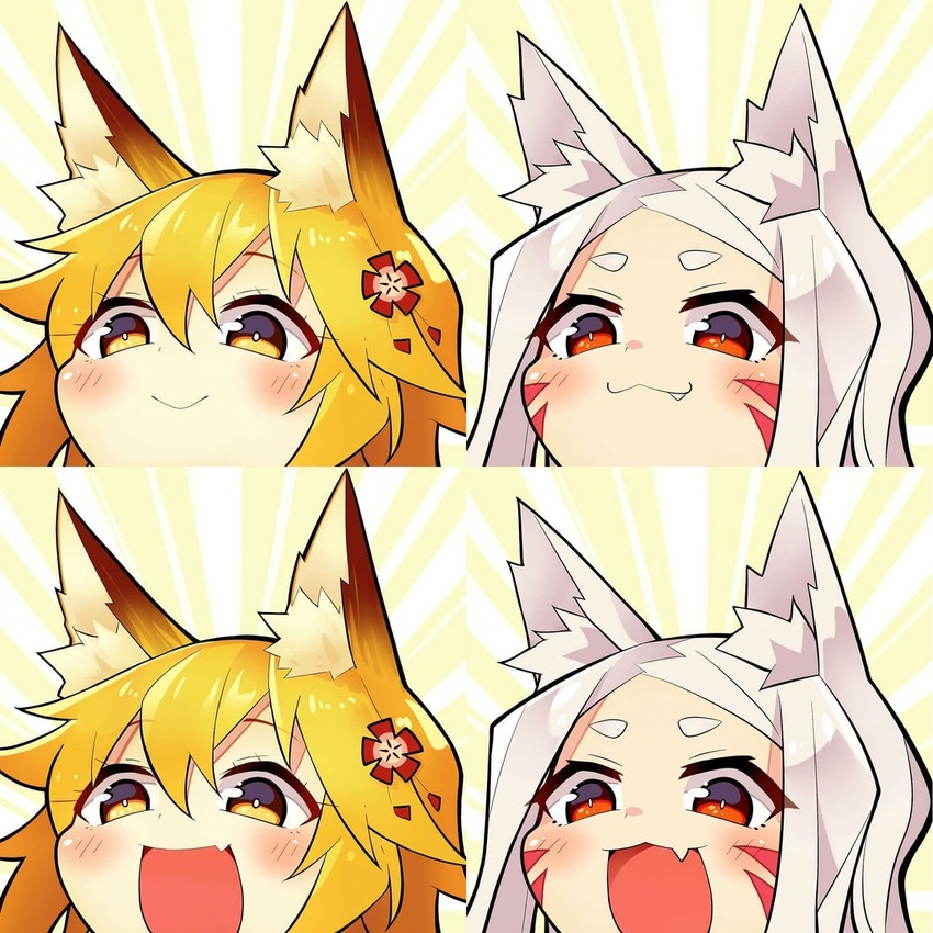 2girls :d accessories angry_dog_noises animal_ear_fluff animal_ears bangs_pinned_back blush closed_mouth commentary commission english_commentary facial_mark flower fox_ears fox_girl hair_flower hair_ornament happy long_hair looking_down multiple_girls nano_zenzen oerba_yun_fang open_mouth orange_eyes orange_hair pointy_ears red_eyes red_flower senko_(sewayaki_kitsune_no_senko-san) sewayaki_kitsune_no_senko-san shiny_skin shiro_(sewayaki_kitsune_no_senko-san) short_hair skin_fang smile stitched striped striped_background thick_eyebrows white_hair wide-eyed