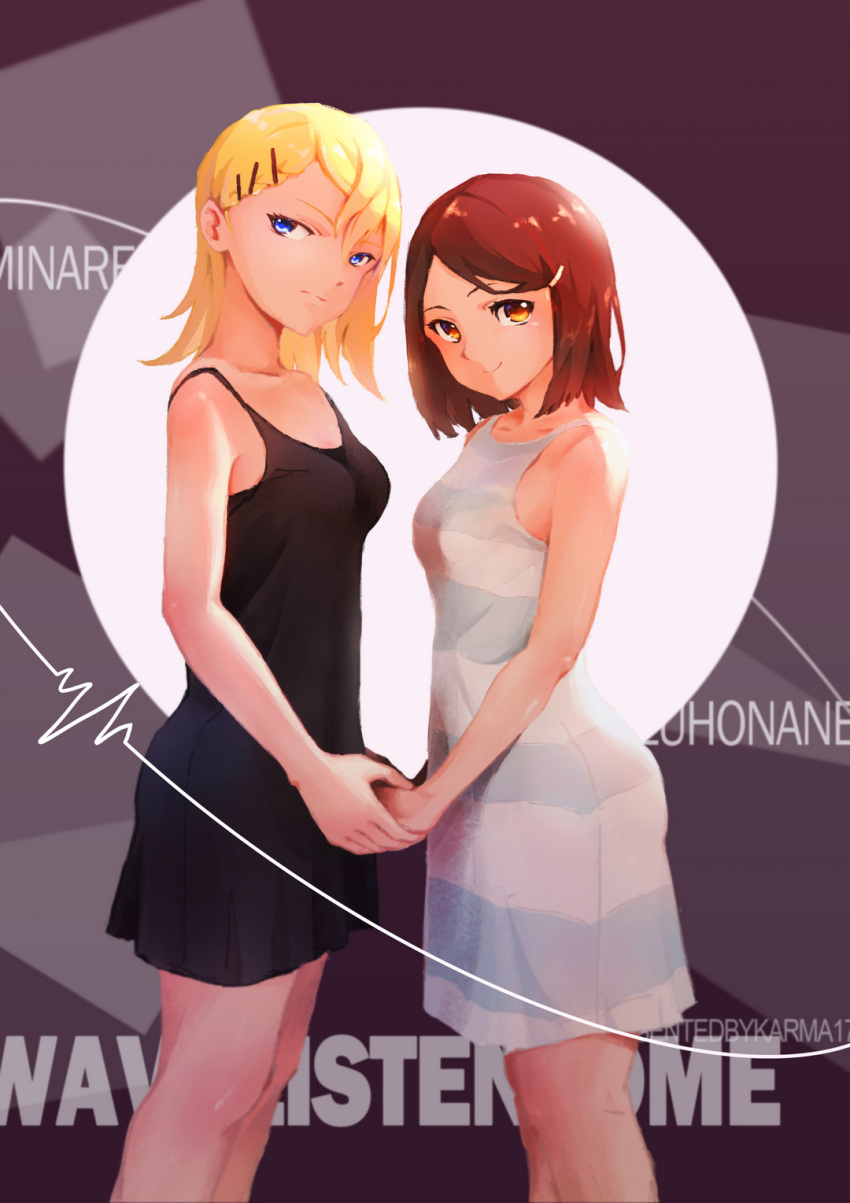 2girls black_dress blonde_hair blue_eyes brown_hair character_name copyright_name dress hair_ornament hairclip highres holding_hands karma17 koda_minare looking_at_viewer multiple_girls nami_yo_kiite_kure nanba_mizuho simple_background smile standing striped_clothes striped_dress yuri