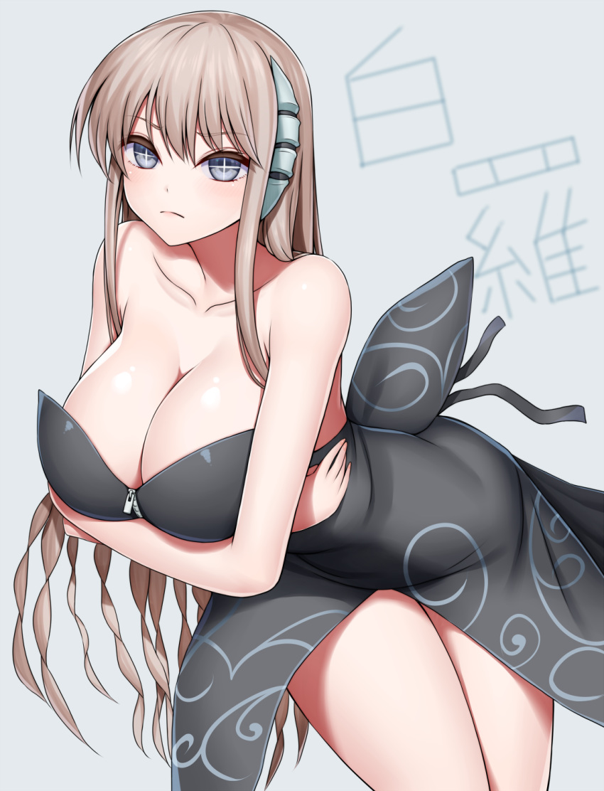 +_+ asamura_hiori bad_anatomy bare_shoulders black_dress bone_collection breast_lift breasts brown_hair cleavage crossed_arms dress female frown grey_eyes highres leaning_forward long_hair looking_at_viewer paira_(bone_collection) sidelocks simple_background solo very_long_hair zipper