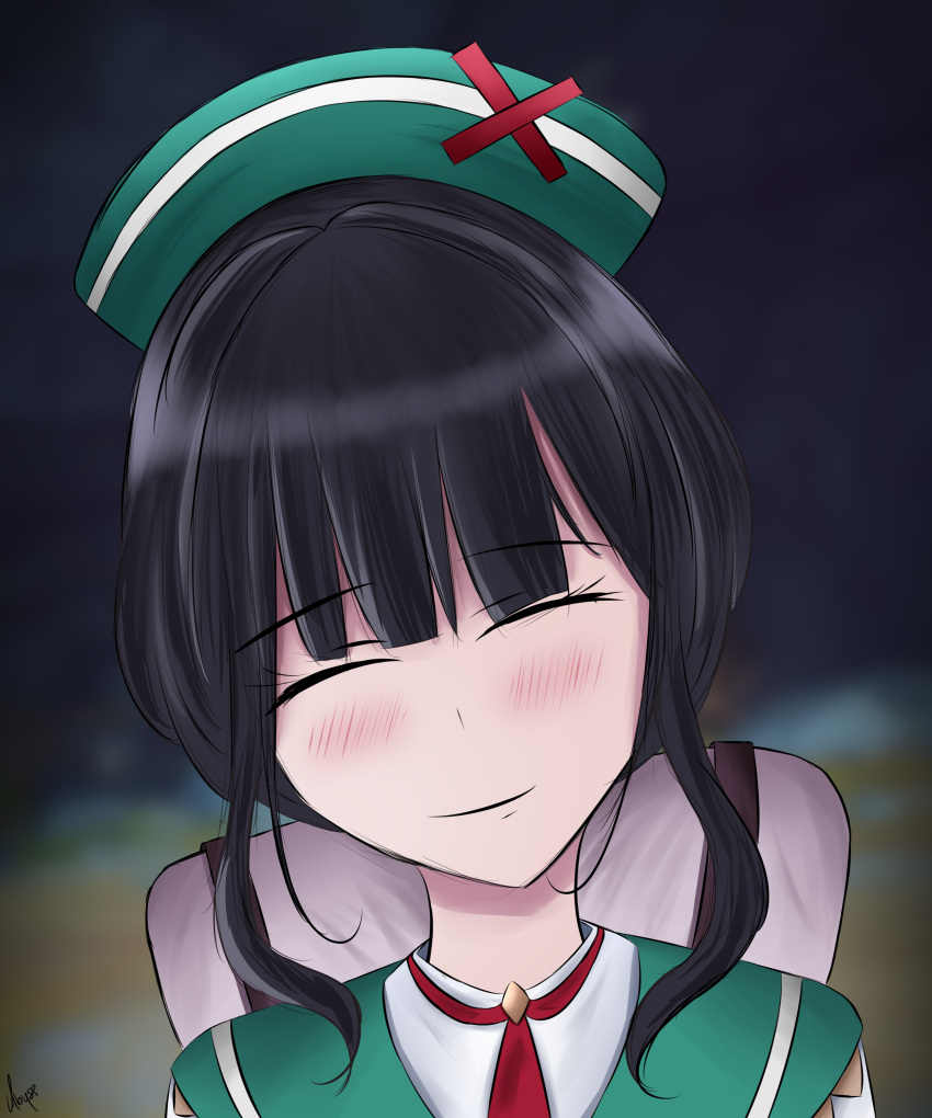 absurdres abysssian black_hair blurry blush closed_eyes depth_of_field english_commentary english_text facing_viewer female genshin_impact green_headwear green_shirt highres necktie red_necktie shirt signature smile speech_bubble zhiqiong_(genshin_impact)