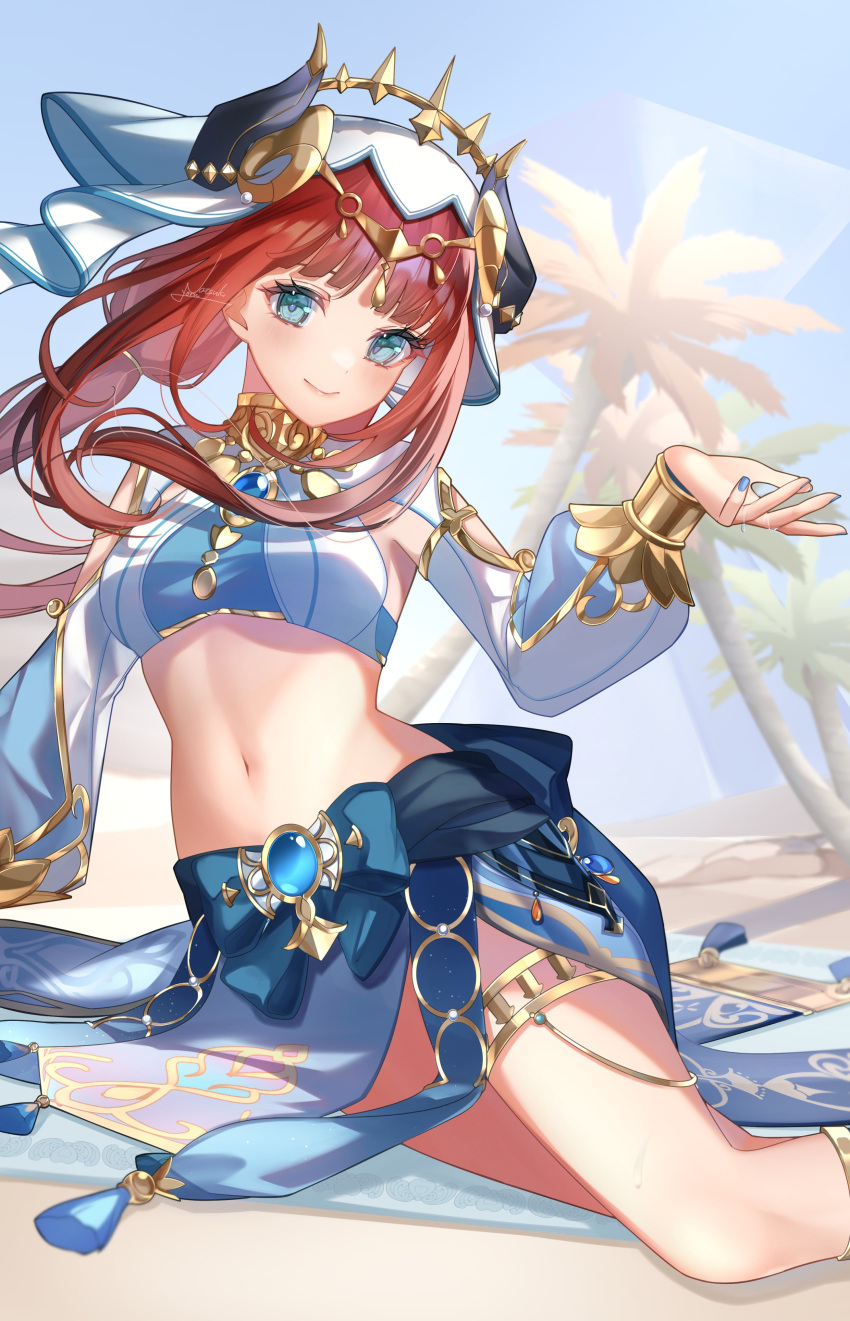 absurdres blue_eyes blush breasts brooch crop_top detached_sleeves fake_horns female genshin_impact harem_outfit highres horns jewelry long_hair long_sleeves looking_at_viewer medium_breasts nail_polish natsuki_yoru navel nilou_(genshin_impact) puffy_sleeves red_hair skirt smile solo stomach twintails veil