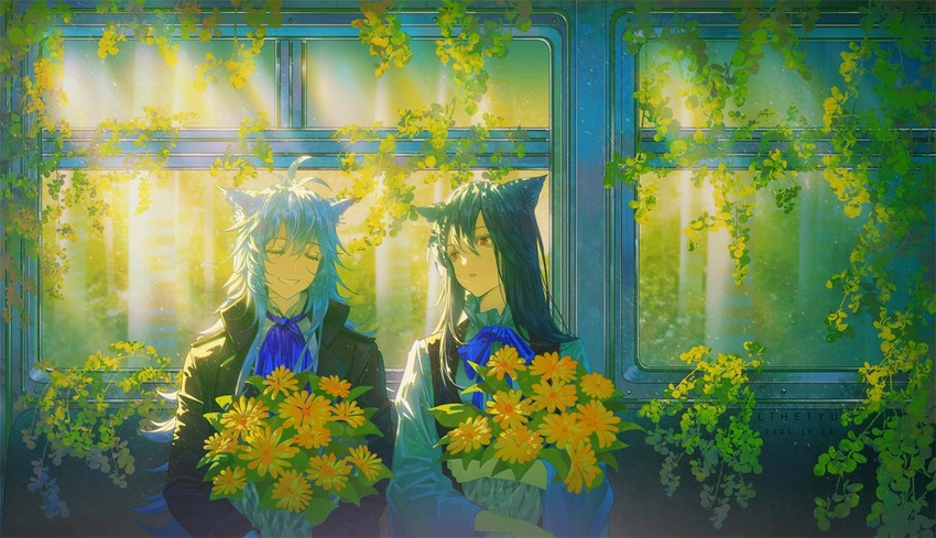 2girls anhei_dabai animal_ears arknights artist_name ascot black_hair black_jacket black_vest blue_ascot blue_bow blue_bowtie bouquet bow bowtie couple dated day eyelashes facing_viewer flipped_hair flower frilled_shirt_collar frills hair_between_eyes holding holding_bouquet jacket lappland_(arknights) long_hair long_sleeves looking_at_another looking_away looking_to_the_side multiple_girls parted_lips plant red_eyes side-by-side smile sunlight tail texas_(arknights) train_interior upper_body vest vines white_hair window wolf_ears wolf_tail yellow_flower yuri