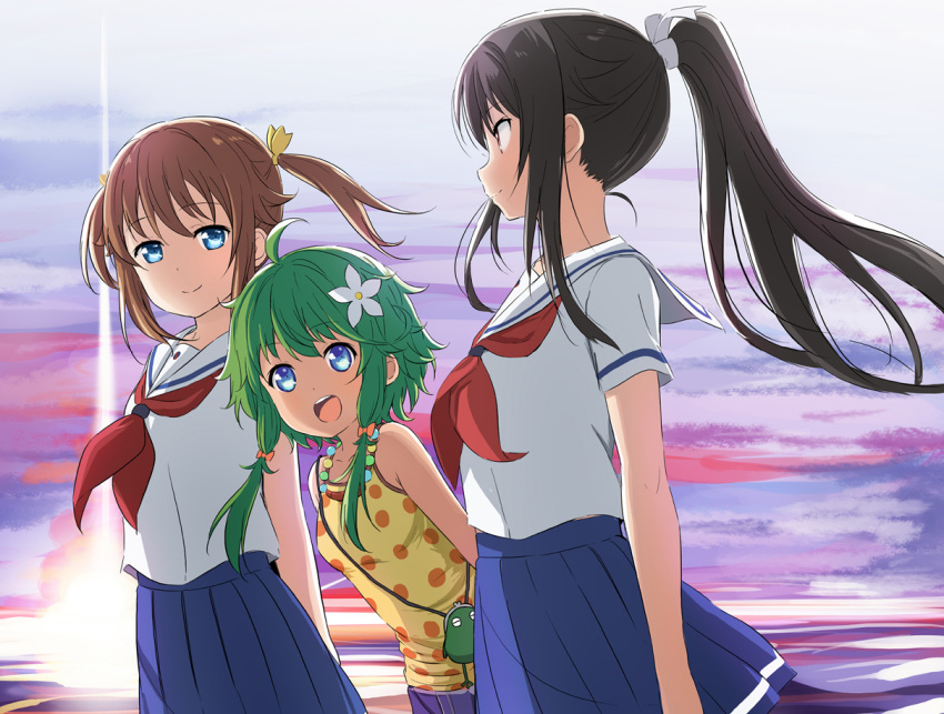 3girls abe_kanari bag black_hair blue_eyes blue_skirt brown_hair commentary_request cowboy_shot flower green_hair hair_flower hair_ornament handbag high_school_fleet long_hair low_twintails misaki_akeno multiple_girls munetani_mashiro neckerchief ocean open_mouth pleated_skirt polka_dot ponytail red_eyes red_neckerchief school_uniform serafuku shirt short_hair short_sleeves skirt susan_reyes tank_top teeth twintails upper_teeth_only yellow_shirt yokosuka_girls_marine_high_school_uniform