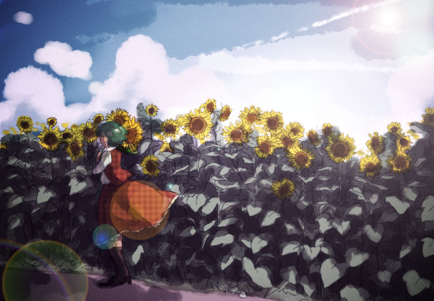 bad_id bad_pixiv_id blue_sky cloud cloudy_sky collared_shirt day female field flower flower_field garden_of_the_sun green_hair hands_on_own_chest kazami_yuuka lens_flare long_sleeves momota_eco outdoors petticoat plaid plaid_skirt plaid_vest shirt short_hair skirt sky solo sun sunflower sunflower_field sunlight touhou vest