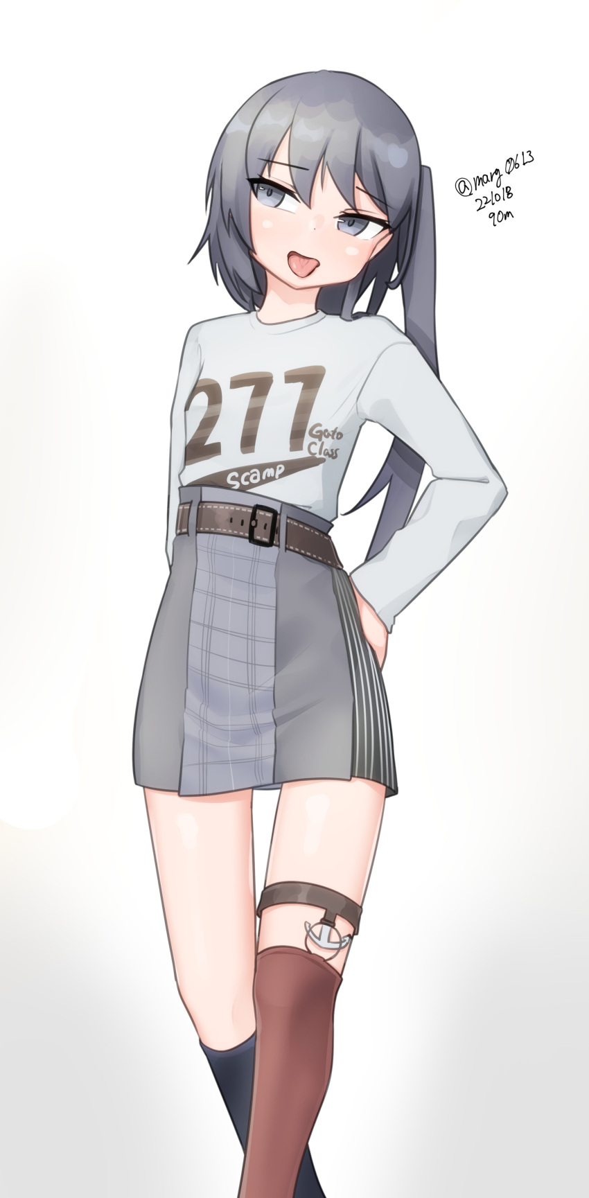 absurdres alternate_costume asymmetrical_legwear breasts character_name dated female grey_eyes grey_hair highres kantai_collection looking_at_viewer maru_(marg0613) medium_hair mismatched_legwear no_headgear official_alternate_costume one-hour_drawing_challenge scamp_(kancolle) simple_background small_breasts solo thighs tongue tongue_out twitter_username white_background