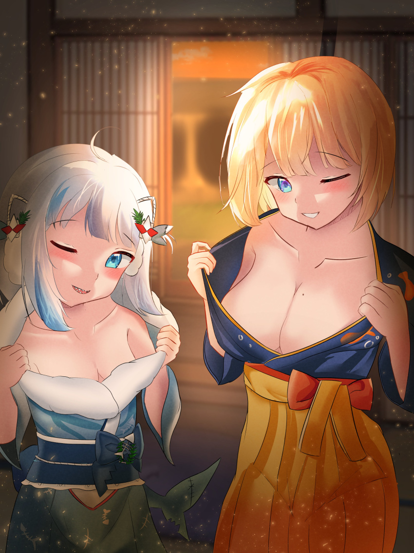 2girls absurdres blonde_hair blue_eyes blue_hair blush breasts cleavage collarbone fins fish_tail gawr_gura gawr_gura_(new_year) grey_hair hair_ornament highres hololive hololive_english japanese_clothes kimono large_breasts mole mole_on_breast multicolored_hair multiple_girls obi one_eye_closed open_clothes sash shark_girl shark_tail sharp_teeth sliding_doors small_breasts streaked_hair tail teeth trashris virtual_youtuber watson_amelia watson_amelia_(new_year) yukata