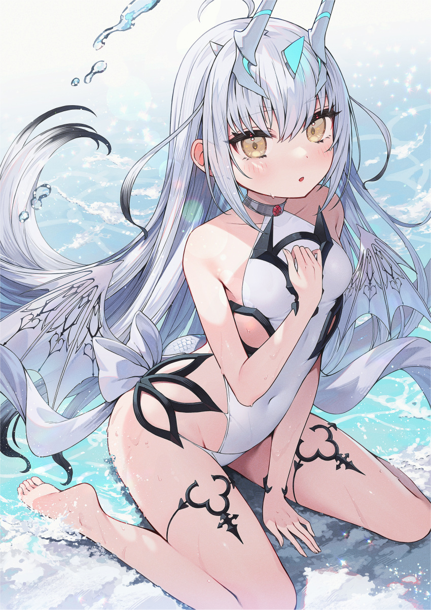 :o ahoge bare_shoulders barefoot blush breasts collarbone covered_nipples dragon_tail dragon_wings fate/grand_order fate_(series) female forked_eyebrows hand_on_own_chest hand_up highres horns long_hair looking_at_viewer melusine_(fate) melusine_(swimsuit_ruler)_(fate) melusine_(swimsuit_ruler)_(second_ascension)_(fate) one-piece_swimsuit open_mouth shibainu sidelocks sitting small_breasts soles solo swimsuit tail thighlet thighs toes wariza water wet white_hair white_one-piece_swimsuit wings yellow_eyes